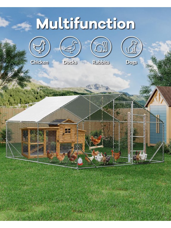 Spacious Walk-In Metal Chicken Coop - Outdoor Poultry Cage with Reinforced Roof, Secure Enclosure, Waterproof & UV-Resistant Cover - Fits 10-20 Chickens, Backyard Pet Playpen