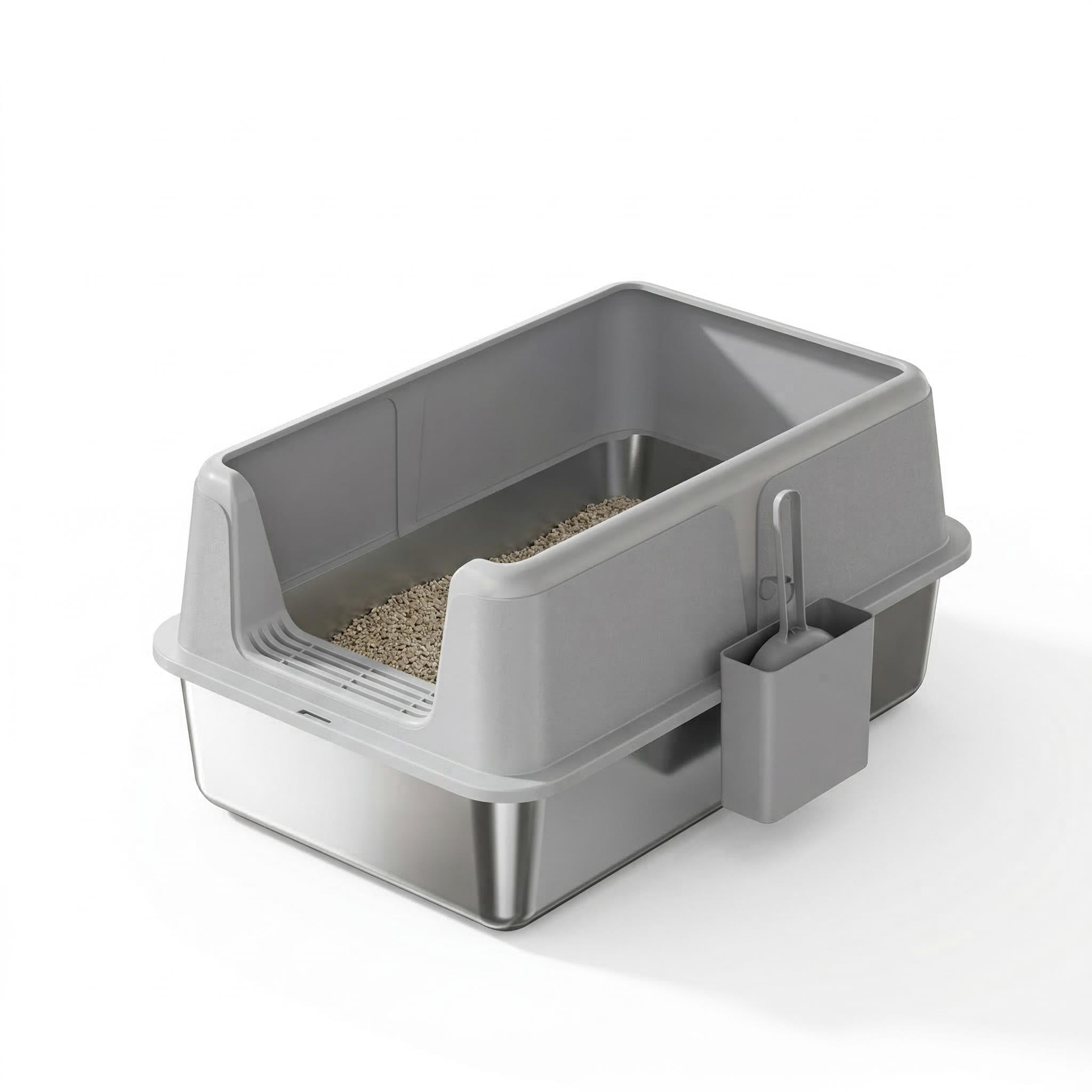 Garvee Stainless Steel Cat Litter Box, with Scoop, 23.62 x 15.74 x 12", Gray