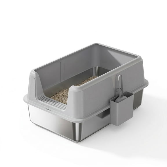 Garvee Stainless Steel Cat Litter Box, with Scoop, 23.62 x 15.74 x 12", Gray