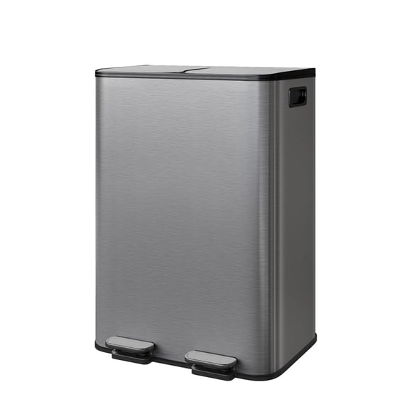 Garvee Stainless Steel Double Trash Can with Lid, Step-on, 2 x 30 L Recycling Bin, Gray