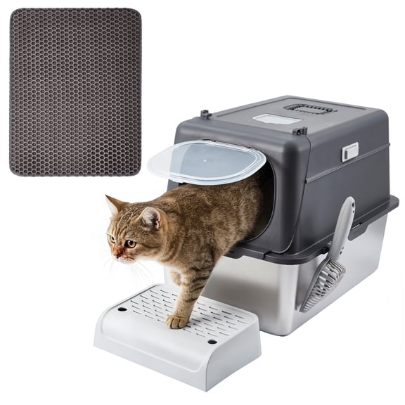 Garvee Stainless Steel Litter Box with Litter Scoop and Mat, 7.87" Depth, Dark Gray
