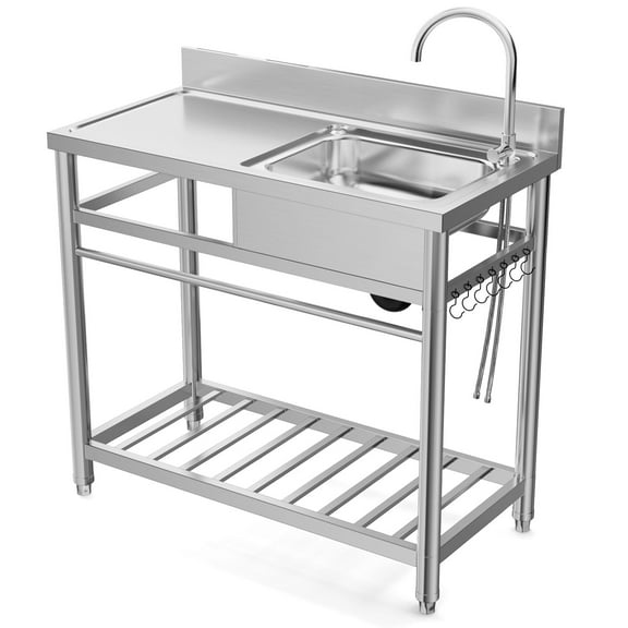 Garvee Stainless Steel Prep & Utility Sink With Countertop Faucet Hose Free Standing Single Bowl Commercial Kitchen Sink Workbench/Drainboard with Legs Hooks Shelf for Restaurant Laundry Room Garage