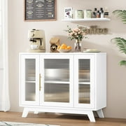 Whizmax Storage Cabinet with Fluted Glass Door, 36" Modern Sideboard Cabinet with 2-Tier Storage, White Accent Cabinet for Kitchen Dining Living Room, Natural Top