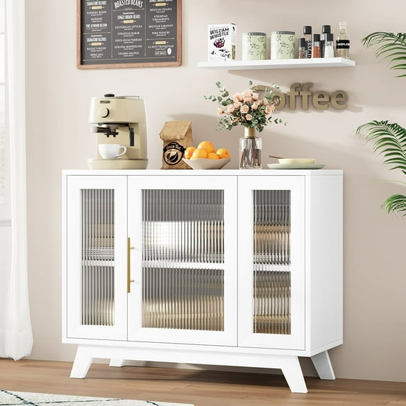 Garvee Storage Cabinet with Fluted Glass Door, 36" Modern Sideboard Cabinet with 2-Tier Storage, White Accent Cabinet for Kitchen Dining Living Room, White Top