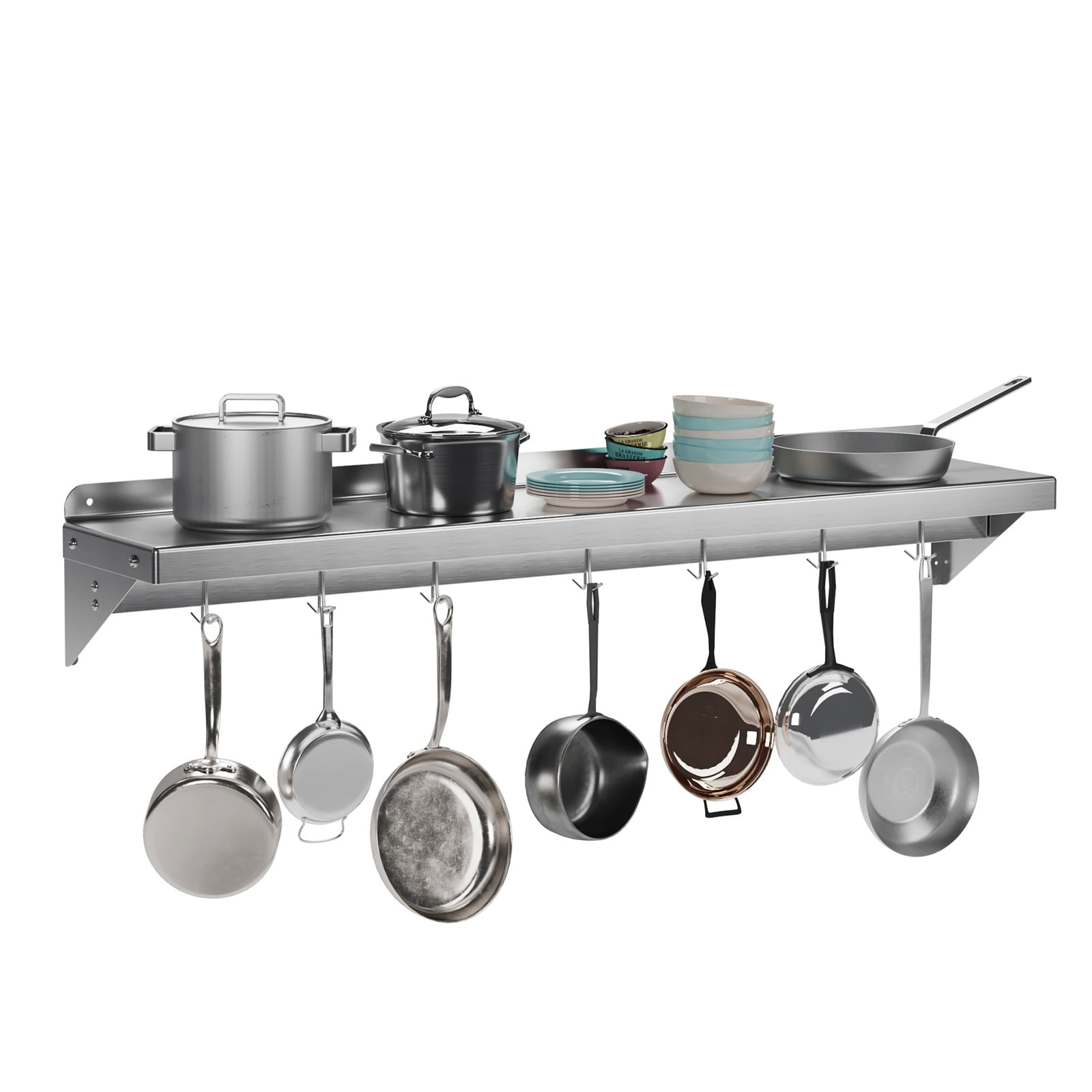 GARVEE 1-Tier Stainless Steel Wall Mount Shelf, 48" x 12" x 9.84", with 7 Hooks, 200 lb Capacity