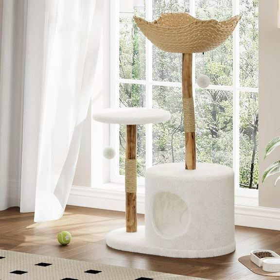 Garvee Stylish Feline Tower Modern Natural Wood Cat Tree with Large Rattan Basket Scratching Posts Realistic Branch Design Rest and Play No branches