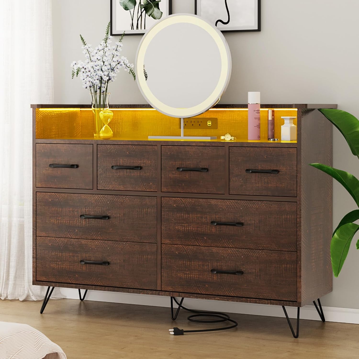 Garvee Stylish dark brown Dresser with LED Lights & Charging Station ...