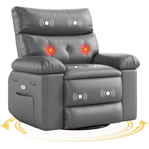 Garvee Swivel Electric Massage Chair – Rocking Recliner with Vibration and Heating, Overstuffed Faux Leather Single Lazy Sofa with USB, Power Glider for Living Room