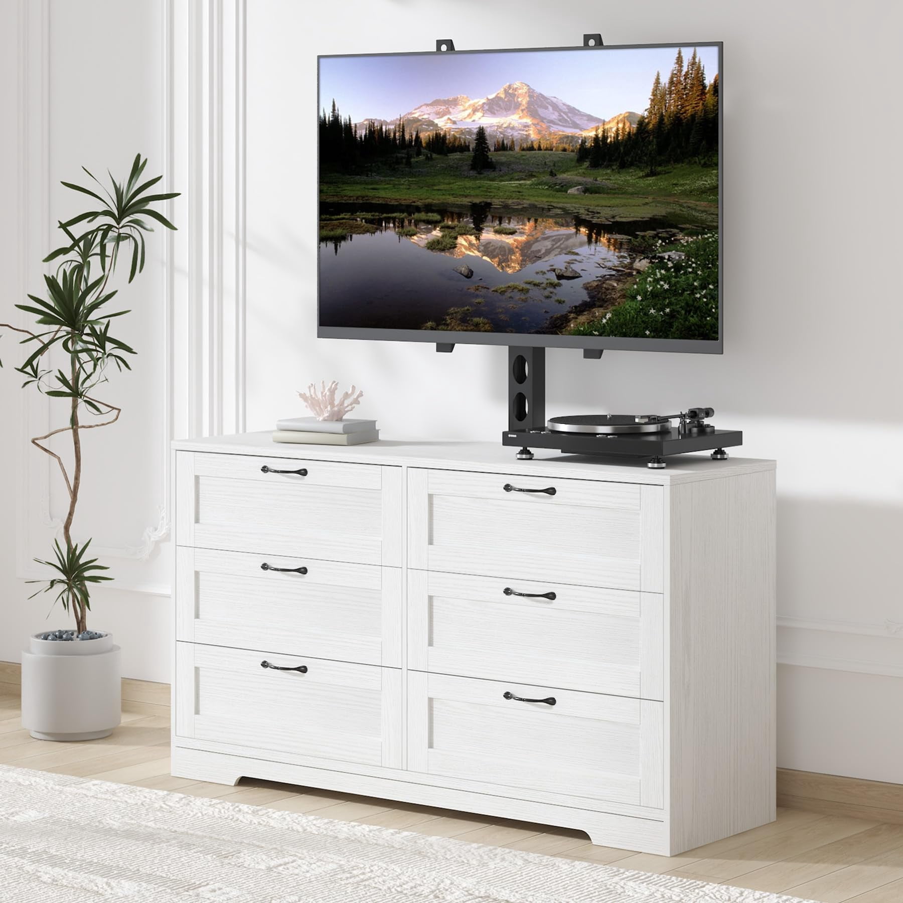 Garvee TV Stand with Mount and 6 Drawers Storage for 32/45/55/65/75/80 Inch TVs, White Entertainment Center for Bedroom, Living Room, Wood Media Console Tables,  TV Stand w/ Height Adjustable Mount