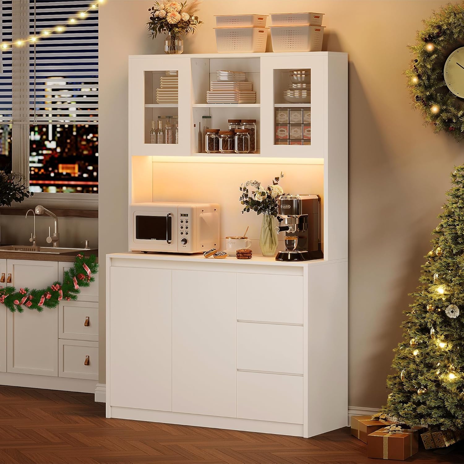 Garvee Tall Kitchen Pantry Cabinet with LED Lights, Charging Station, and Microwave Stand, Modern Buffet Cabinet with Countertop and Storage for Kitchen and Dining Room, White