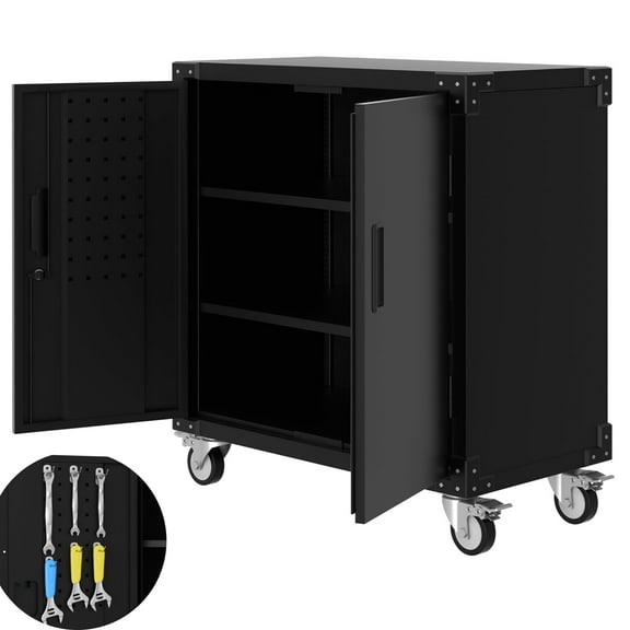 Garvee Tool Cabinet, 35.4" Metal Storage Cabinet with Wheels and Lock for Garage, Warehouse, Office, Black