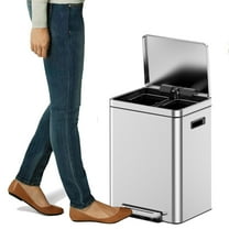 Garvee Trash Can, Dual Trash Can With Recycle Bin, Brushed Stainless Steel Garbage Can With Soft-Close Metal Lid, 2 Plastic Inner Buckets & Foot Petal, Rectangular Recycling Bin for Kitchen