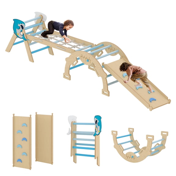 Garvee Triangle Set, 4 in 1 toddler Climbing Toys Indoor with Ramp, Arch and Ladder, Climbing Set with Wood Construction, Jungle Gyms for Toddlers 1-3, Baby, Kids, Blue