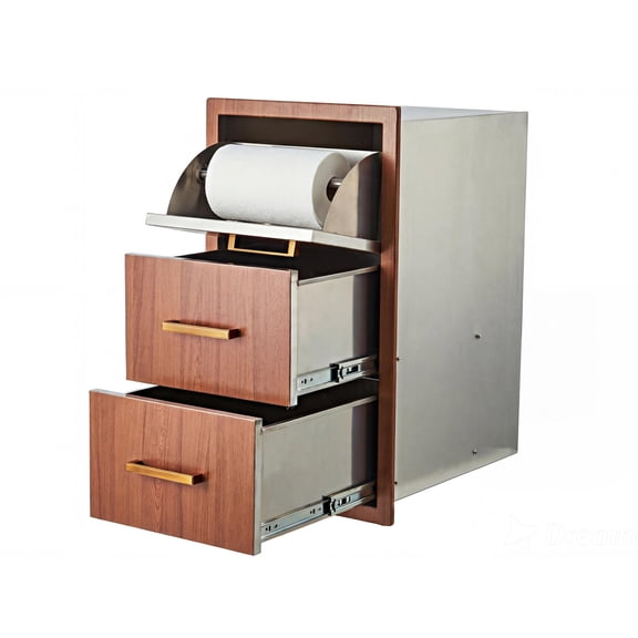 Garvee Triple Drawer Outdoor Kitchen Cabinet with Built-in Paper Towel Holder - Stainless Steel Handle, Flush Mount, Ample Storage for BBQ Island or Patio Grill Station - Golden Pomelo Color