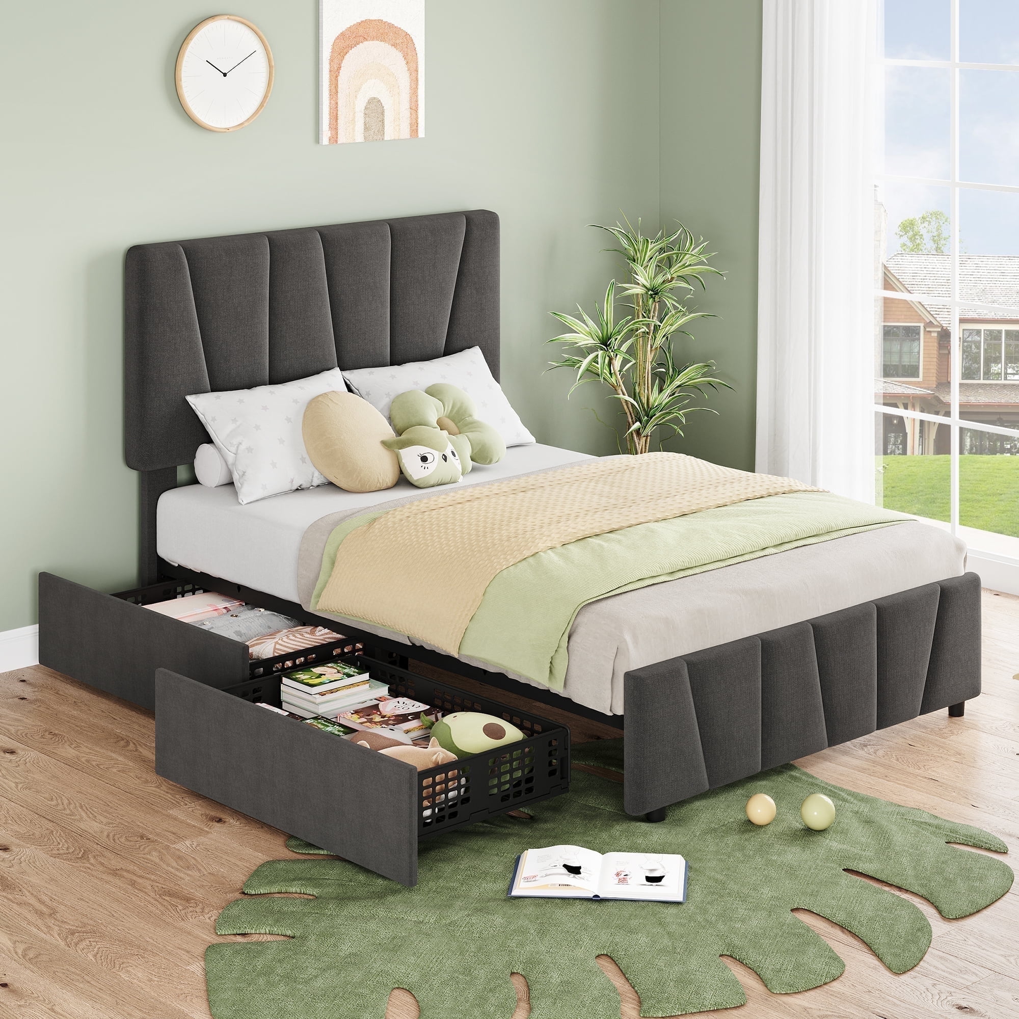 Garvee Twin Bed Frame with Adjustable Headboard and 2 Storage Drawers, Upholstered Platform Bed Frame Twin with Wooden Slats Support, No Box Spring Needed, Grey
