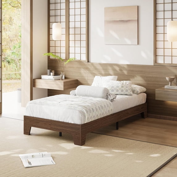 Garvee Twin Bed Frame, Platform Wood Bed Frame with Wooden Slat and Metal Slat Support, 10.24-inch Underbed Space for Storage, Without Headboard, No Box Spring Needed, Easy Assembly, Walnut