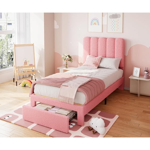 Garvee Twin Bed Frame with Storage Drawer and Headboard – Boucle Upholstered Platform Bed for Girls, Strong Wooden Slats Support, Noise-Free, Easy Assembly, Boucle Pink