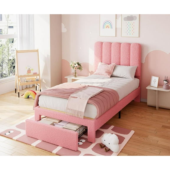 Garvee Twin Bed Frame with Storage Drawer and Headboard – Boucle Upholstered Platform Bed for Girls, Strong Wooden Slats Support, Noise-Free, Easy Assembly, Boucle Pink
