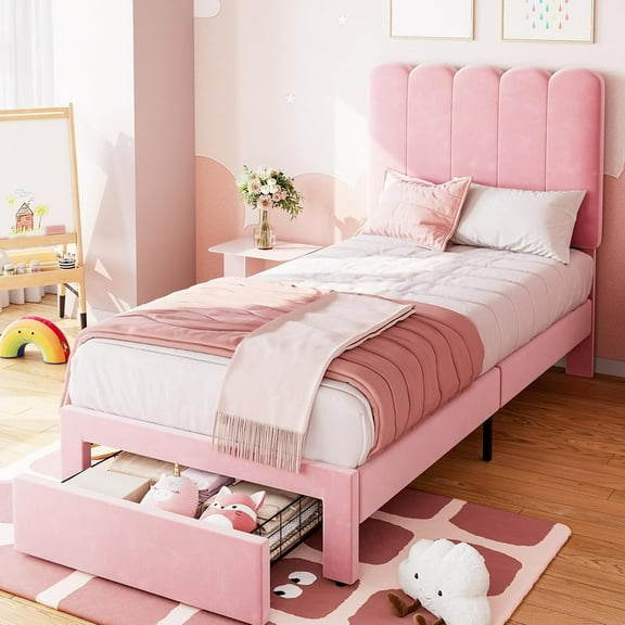 Garvee Twin Bed Frame with Storage Drawer and Headboard – Velvet Upholstered Platform Bed for Girls, Strong Wooden Slats Support, Noise-Free, Easy Assembly, Pink