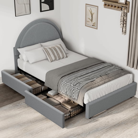 Garvee Twin Boucle Upholstered Platform Bed with 2 Storage Drawers Modern Arc Headboard Bed Frame