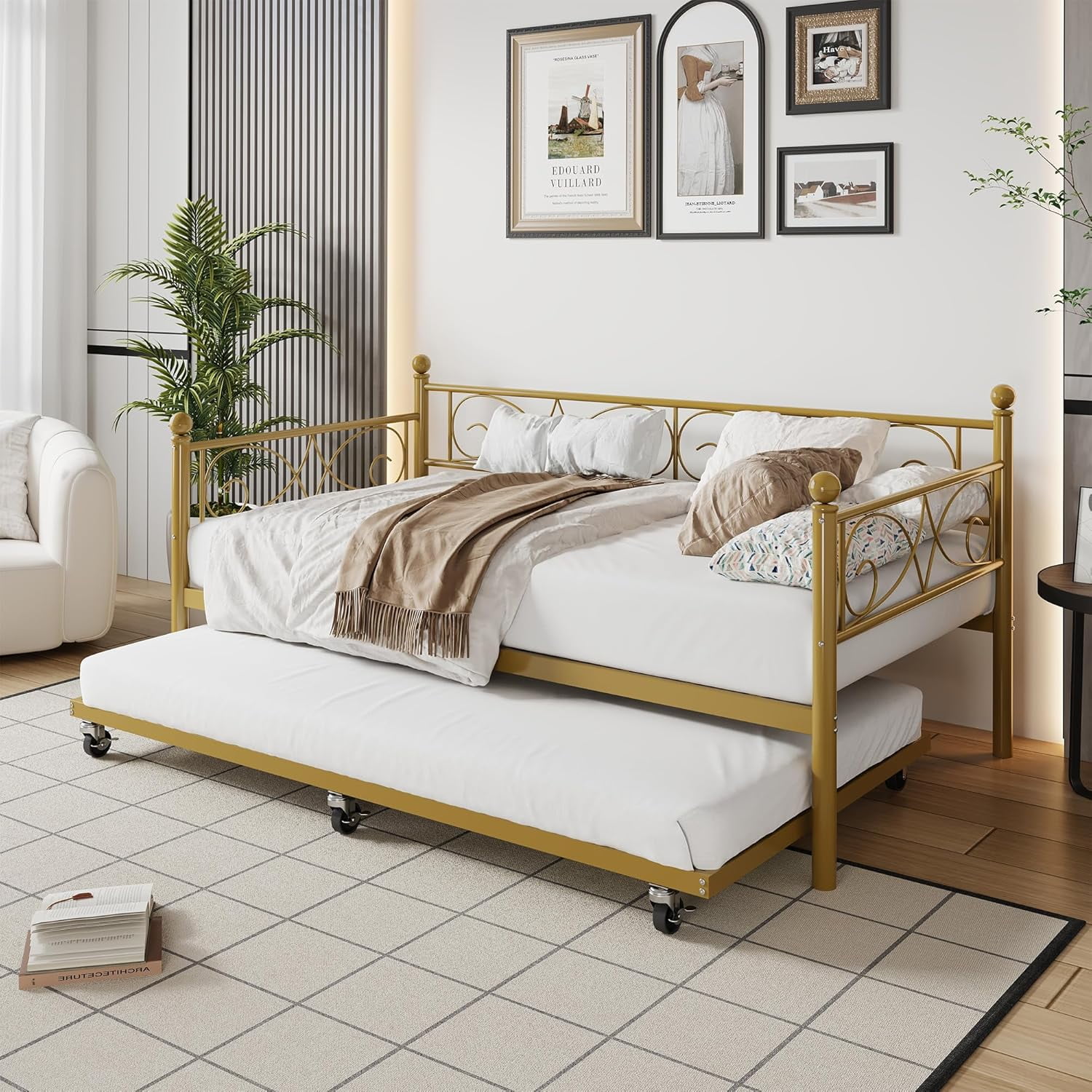 Garvee Twin Daybed with Trundle, Space-Saving Gold Sofa Bed Frame with