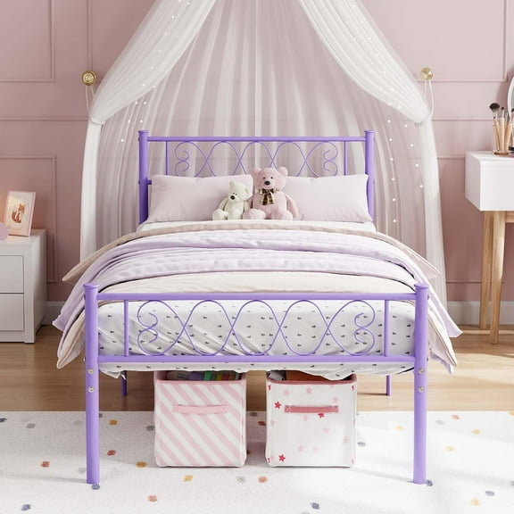 Garvee Twin Size Bed Frame with Heart-Shaped Headboard & Footboard, Metal Slat Support, 12.2" Under-Bed Storage, No Box Spring Needed, Noise-Free, Purple