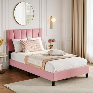 Garvee Twin Size Upholstered Bed Frame, Adjustable Velvet Headboard, Platform Bed with Wooden Slats, No Box Spring Needed, Pink