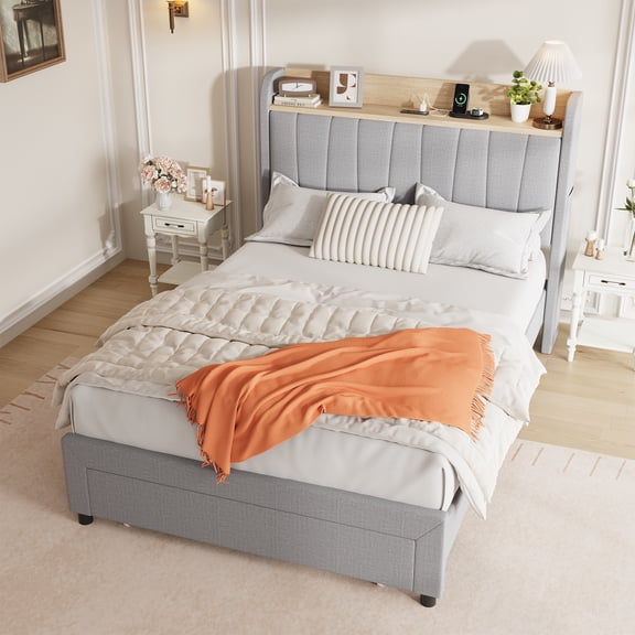 Garvee Twin Size Upholstered Bed Frame with Storage Headboard, Large Drawers, Built-in Charging Station, Sturdy Metal Platform with Wooden Slats, Easy Assembly, Light Gray