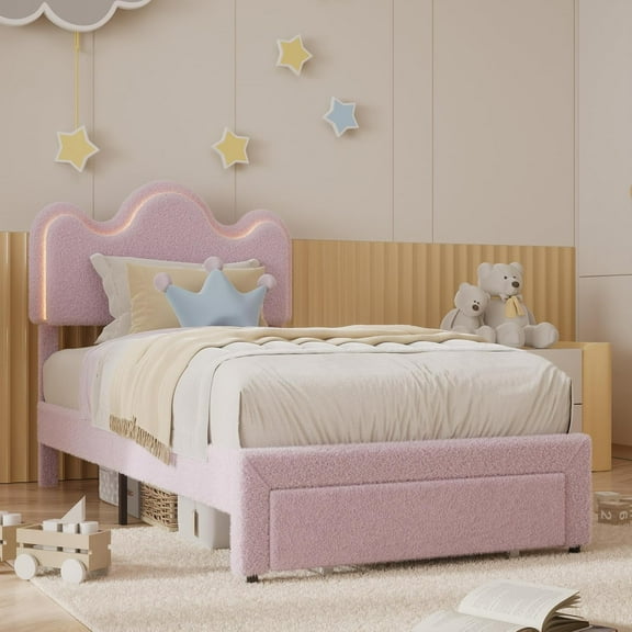 Garvee Twin Size Velvet Platform Bed Frame – Cute Sherpa Upholstered Bed for Girls & Boys, Floral Headboard with LED Lights, Sturdy Wooden Slats, No Box Spring Needed, Noise-Free Design, Pink