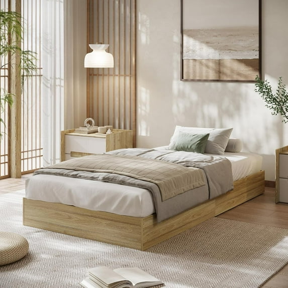 Garvee Twin Size Wood Platform Bed Frame, Sturdy Wooden Bed Frame with Slat Support, No Box Spring Needed, Minimalist Floor-Standing Design, Easy Assembly, Burlywood