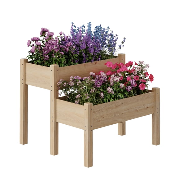 Garvee Two-Tier Raised Garden Bed, 34x34x29 inch Wooden Planter Box with Legs for Vegetables & Herbs