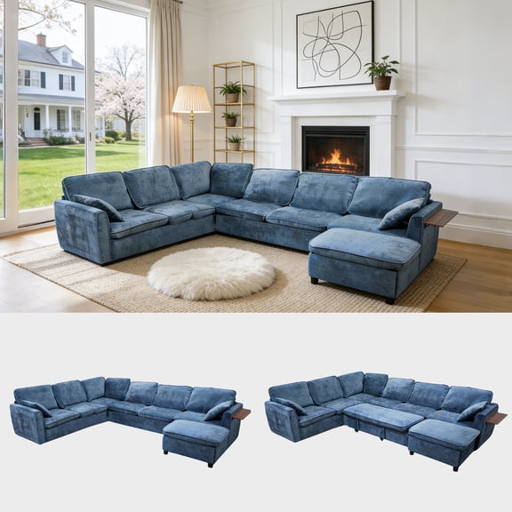 Garvee U-Shaped Sectional Sofa with Pull Out Bed, 5-Piece Velvet Modular Sleeper Couch with Reversible Flip-Top Coffee Table Ottoman, Wood Living Room Furniture Set, Blue