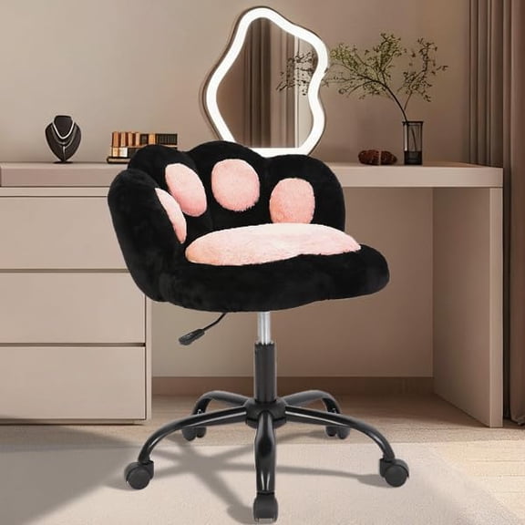 Garvee Vanity Chair with Cat Paw Back,Armless Desk Chair Cute Small Office Chair with Wheels,Teddy Fabric 360°Rotating Computer Chair, Adjustable Height for Vanity, Kids Room, Office, Bedroom, Black