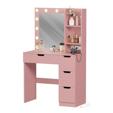 Garvee Vanity Desk with Mirror and Lights, 35.4" Makeup Vanity with 4 Drawers, 3 Open Shelves, Power Outlets & 3 Lighting Colors, Small Makeup Dressing Table for Bedroom