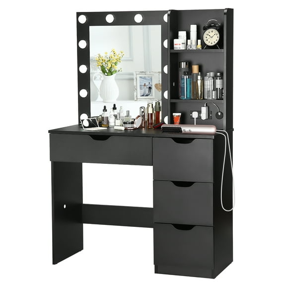 Garvee Vanity Desk with Mirror and Lights, 35.4" Makeup Vanity with 4 Drawers, 3 Open Shelves, Power Outlets & 3 Lighting Colors, Small Makeup Dressing Table for Bedroom