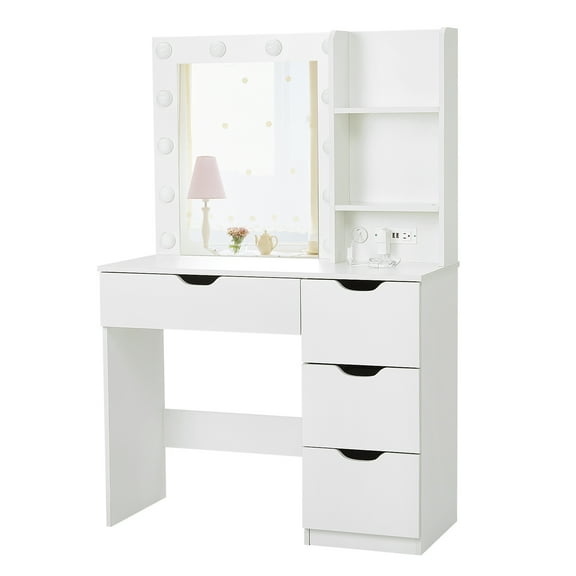 Garvee Vanity Desk with Mirror and Lights, 35.4" Makeup Vanity with 4 Drawers, 3 Open Shelves, Power Outlets & 3 Lighting Colors, Small Makeup Dressing Table for Bedroom