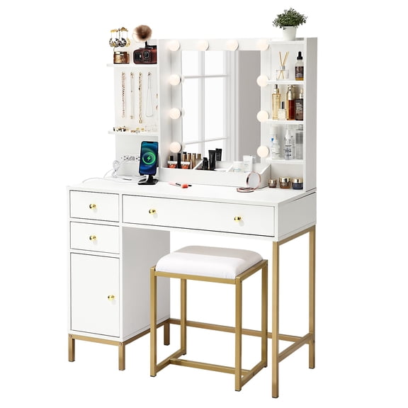 Garvee Vanity Desk with Mirror, Makeup Vanity Table with Chair & Charging Station, Drawers & Storage Shelves, 3 Lighting Modes for Bedroom Dressing Room