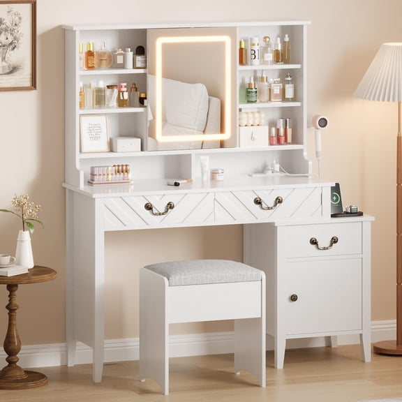Garvee Vanity Desk with Sliding Mirror & Lights, White Makeup Table with Stool, Retractable Dressing Table with Charging Station for Home Office, Hair Dryer Rack, Drawers & Storage Cabinet