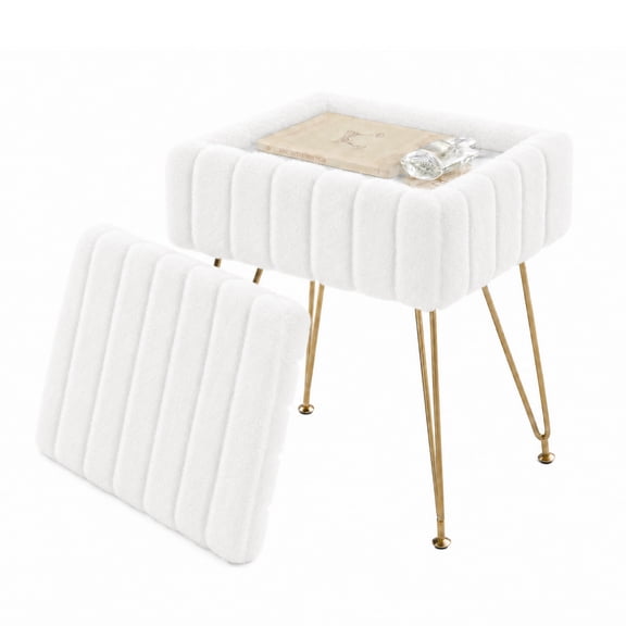 Garvee Vanity Stool with Storage, Metal Legs with Anti-Slip Feet, 15.7 x 11.8 x 18.7 Inch, Makeup Foot Rest, Ottoman for Bedroom & Living Room, White, Faux Fur