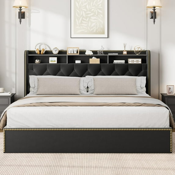 Garvee Velvet King Size Bed Frame with 4 Storage Drawers – Upholstered Platform Bed Featuring Tufted Headboard, Nailhead Trim Detail, Black Finish, No Box Spring Required, Includes Wooden Slats