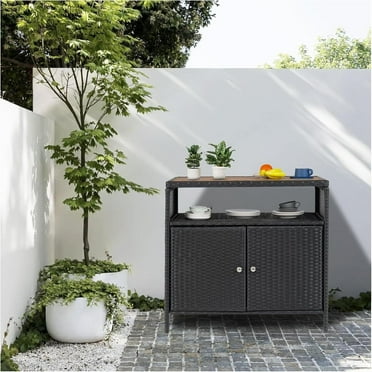 Garvee Versatile Outdoor Wicker Storage Cabinet with Weather-Resistant Aluminum Top, Shelf, and Enclosed Cabinets, Patio Bar Table for Garden, Pool, or Kitchen, Gray