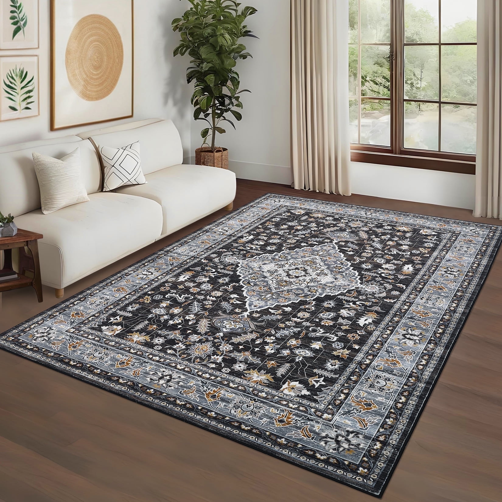 Garvee Vintage Floral Print Area Rug, 10'x13' Washable Rug Stain Resistant Indoor Carpet Non-Slip Low Pile Floor Rugs for Living Room Bedroom Dining Room, Black