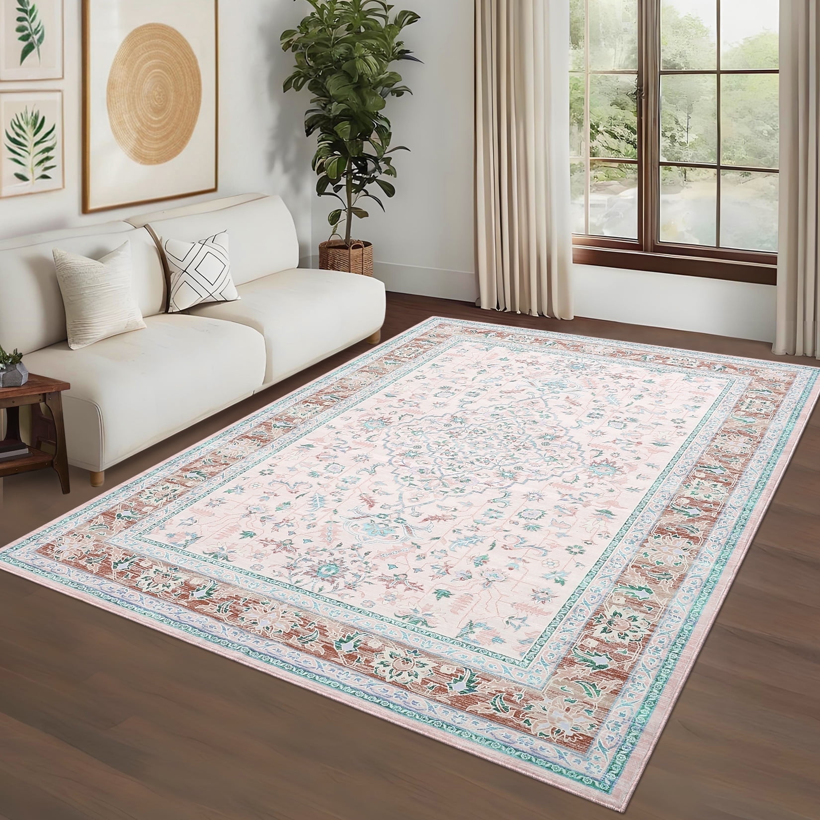 Garvee Vintage Floral Print Area Rug, 10'x13' Washable Rug Stain Resistant Indoor Carpet Non-Slip Low Pile Floor Rugs for Living Room Bedroom Dining Room, Pink