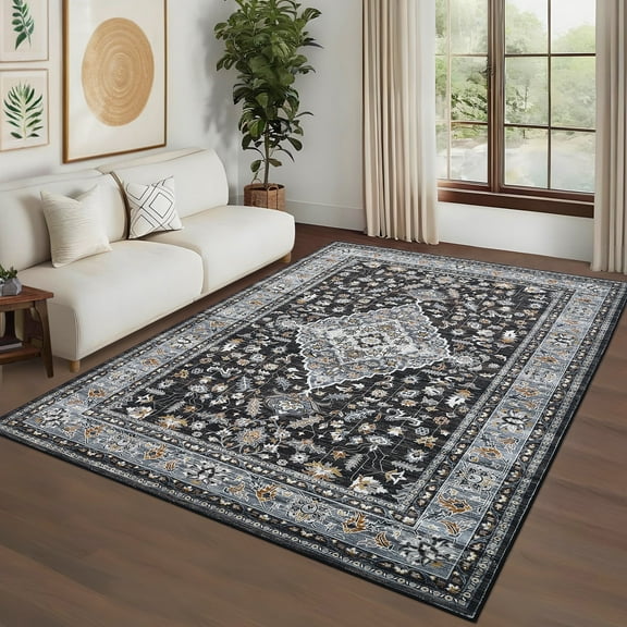 Garvee Vintage Floral Print Area Rug, 8'x10' Washable Rug Stain Resistant Indoor Carpet Non-Slip Low Pile Floor Rugs for Living Room Bedroom Dining Room, Black