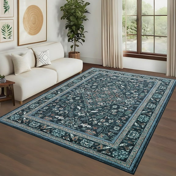 Garvee Vintage Floral Print Area Rug, 8'x10' Washable Rug Stain Resistant Indoor Carpet Non-Slip Low Pile Floor Rugs for Living Room Bedroom Dining Room, Blue