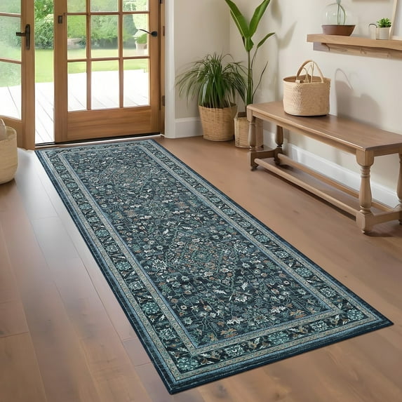 Garvee Vintage Floral Print Runner Rug, 2'X6' Washable Rug Stain Resistant Indoor Carpet Non-Slip Low Pile Floor Rugs for Entryway Bedroom Hallway Kitchen, Blue
