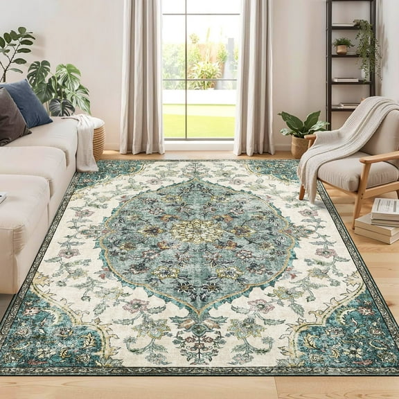 Garvee Vintage Bohemian Area Rug, 8'x10' Machine Washable Rug Soft Floral Print Pattern Rugs for Living Room Bedroom Home Office, Non-Slip Backing Carpet, Green