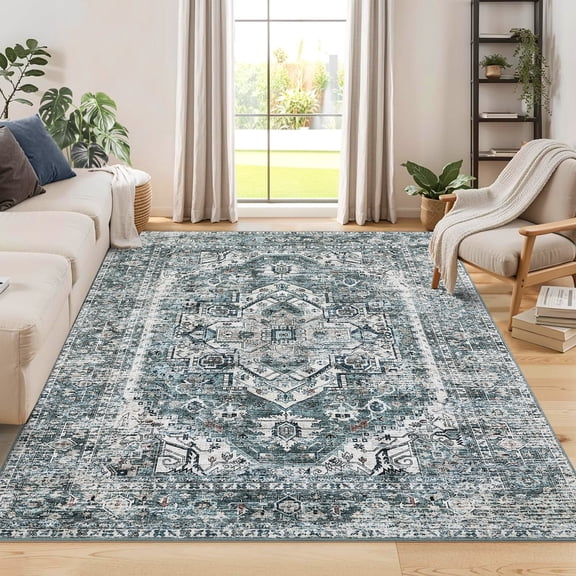 Garvee 8'x10' Vintage Medallion Area Rugs, Washable Oriental Rug Non-Slip Accent Rug Indoor Floral Print Carpets for Dining Room Living Room Office, Blue
