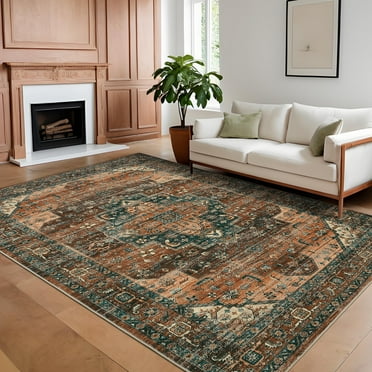 Garvee Vintage Rug 9'x12' Washable Rugs Large Area Rug Floral Print Rug Stain Resistant Non-Shedding Rug, Brown