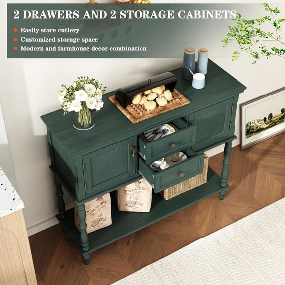 Garvee Vintage Style Console Table with 2 Drawers & Cabinets – Narrow Entryway Sofa Table – Bottom Shelf Storage – Vintage Farmhouse Accent for Living Room, Hallway, Foyer – Green